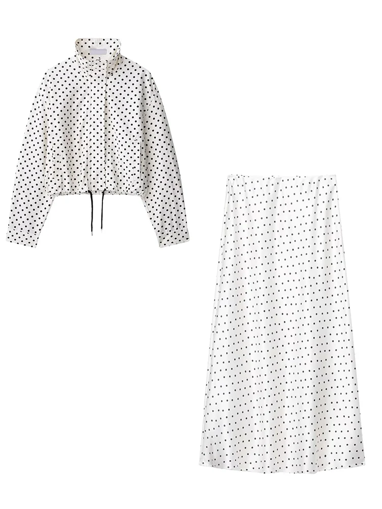 HH Elegant Spring Women Polka Dot Jacket Skirts Suits 2026 Stand Collar Cropped Jacket+Satin High Waist Midi Skirt 2-Piece Set view 6