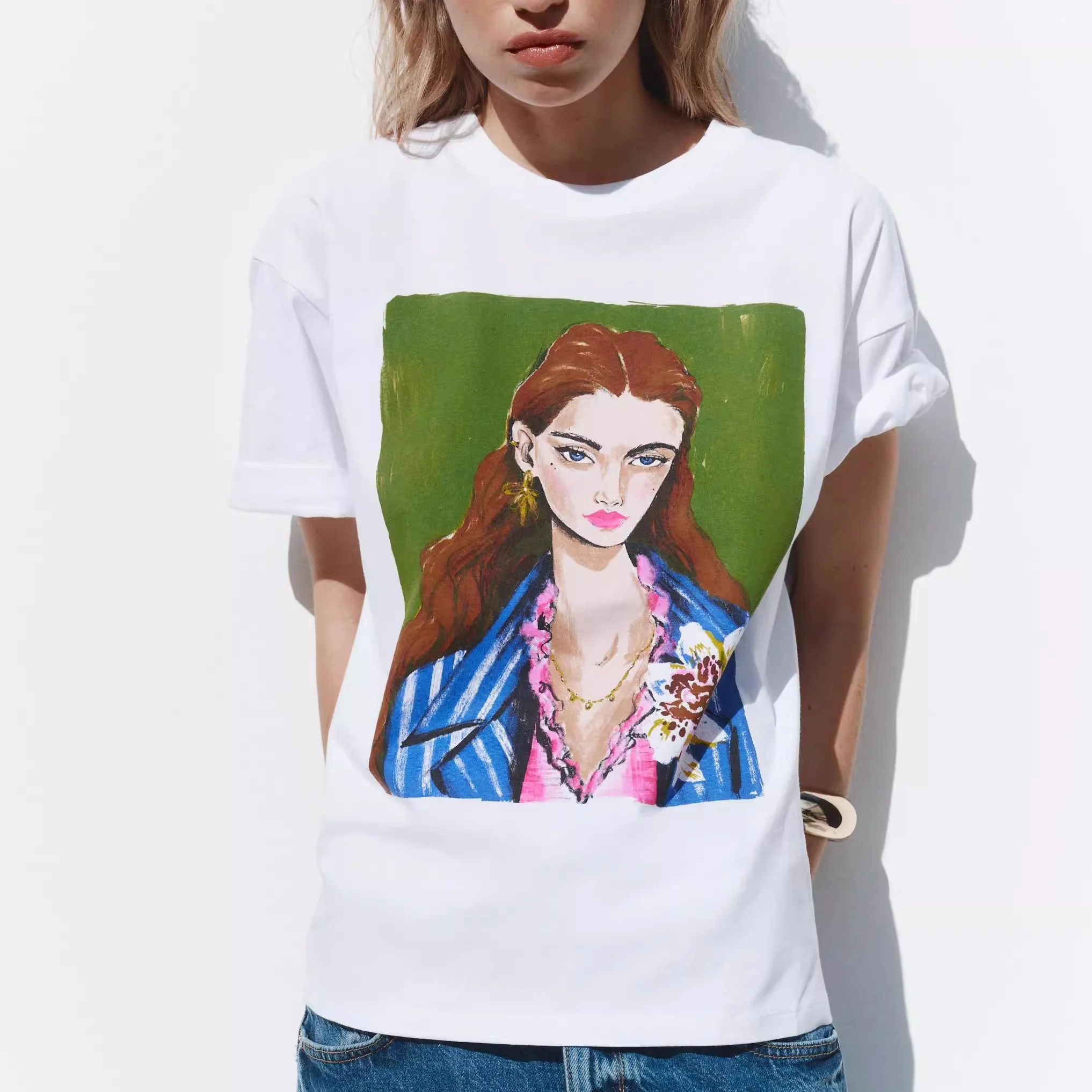 

Summer New Women's Cotton Print round Ne ort Sve T-irt Girls' Street Sle Loose Fit Creative Pattern Moisture ng