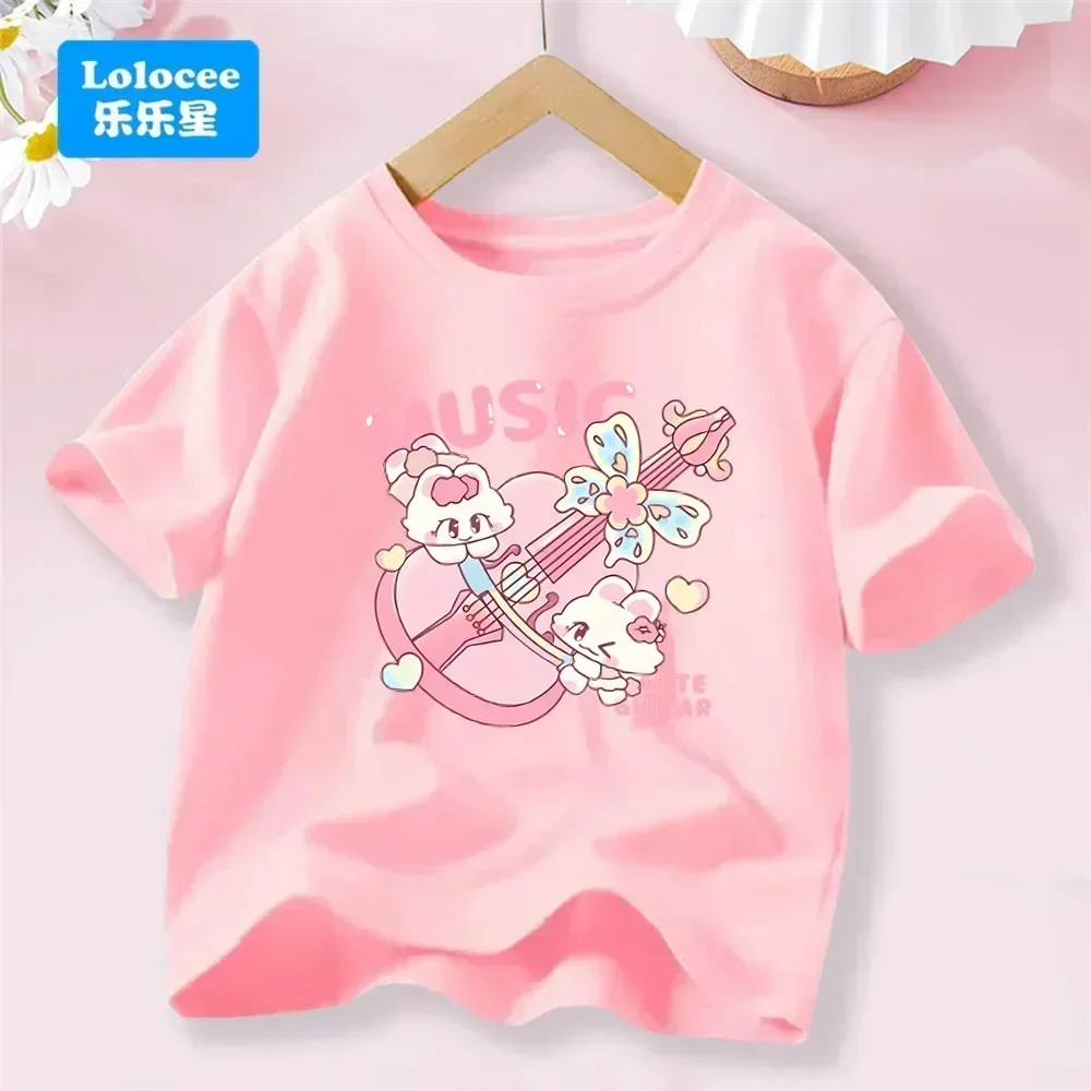 

Girls Fashion Cute Rabbit Violin Print Cotton T-shirt Little Princess O Neck Short Sleeve Kids Top YL01
