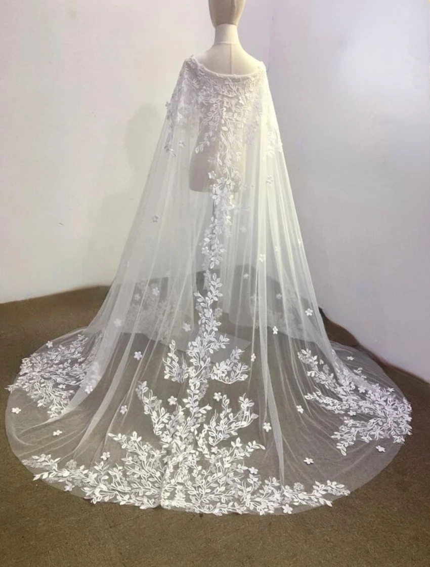 Capa de boda de tul de marfil, capa de encaje de marfil, velo de novia, vestido de novia de longitud personalizada