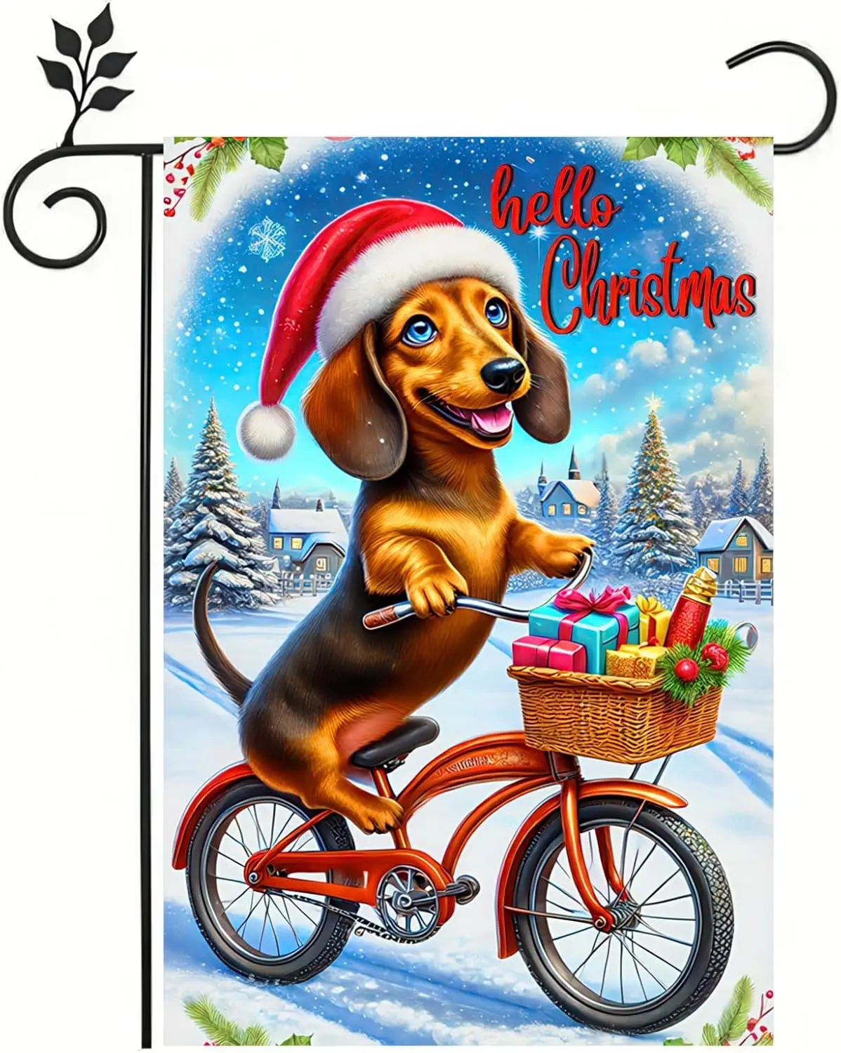 BlissYard Christmas Dachshund Garden Flag 12x18 Inch Double Sided Holiday Dog Riding Bicycle with Gifts Small Outdoor Yard F WWP