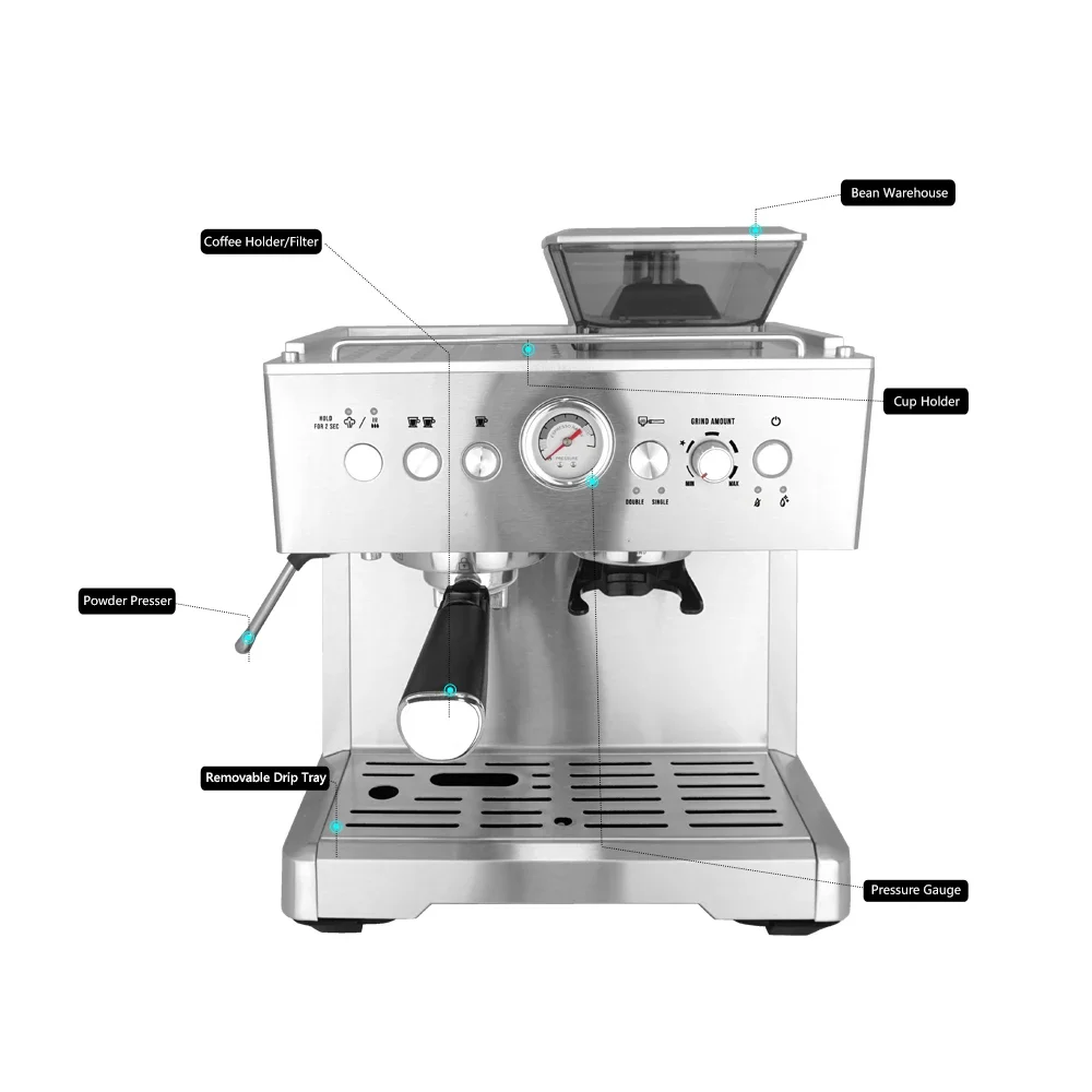 Wholesale Semi Automatic Coffee Maker Stainless Steel Italian Expresso Coffee Machine Maker with Bean Grinding for Household Use