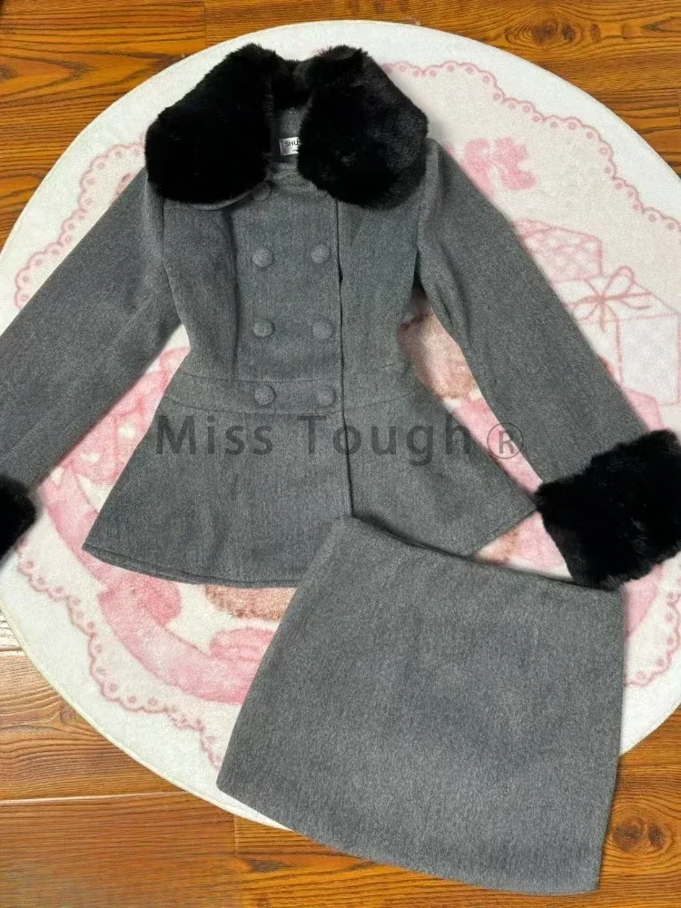 French Winter Fashion Elegant Slim 2-piece Set Women High Street Design Solid Long Sleeve Coat + High Waist Skirt Suit 2025 New