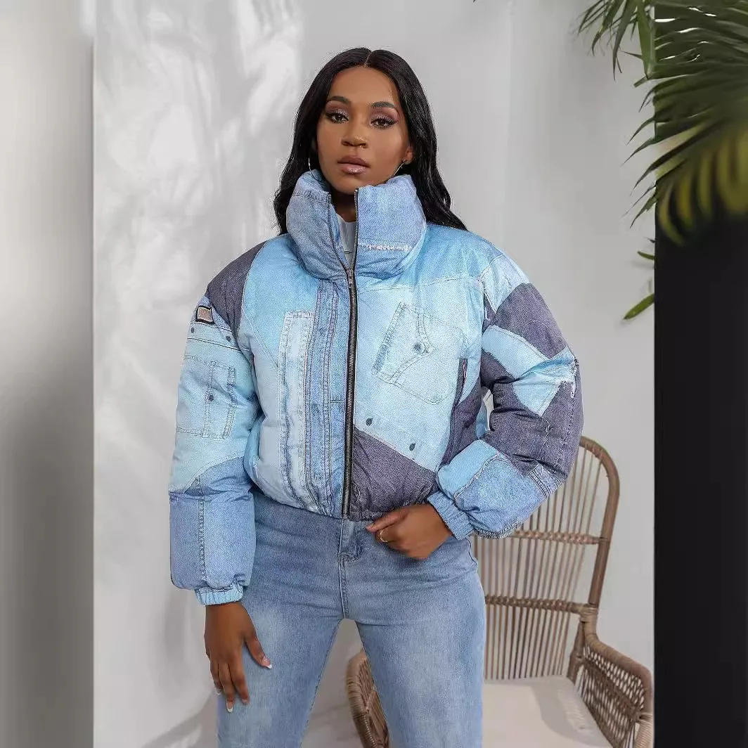 

2024 Women's Denim Print Puffer Jacket Cotton Padded Coat Fashion Casual Outerwear