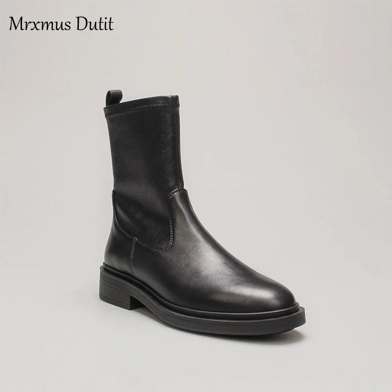 Mrxmus 2023 Autumn Winter New Genuine Leather Fashion Round Head Elasticity Ankle Boots Women Solid Simple Casual Shoe Female