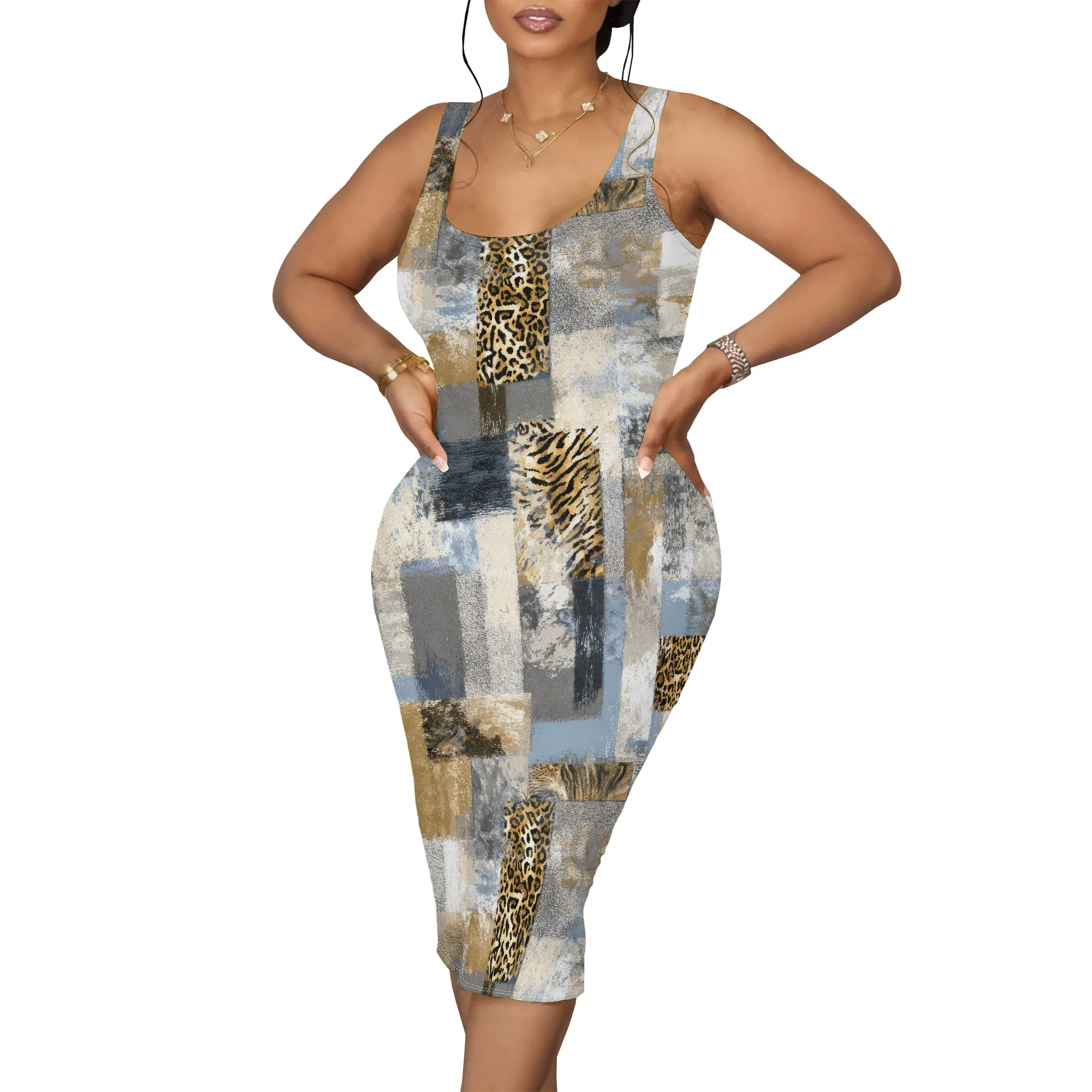 เซ็กซี่ฤดูร้อนผู้หญิง Casual Tie Dye รอบคอแขนกุด Club Beach Bodycon Midi Tank Dress Sun Dresses