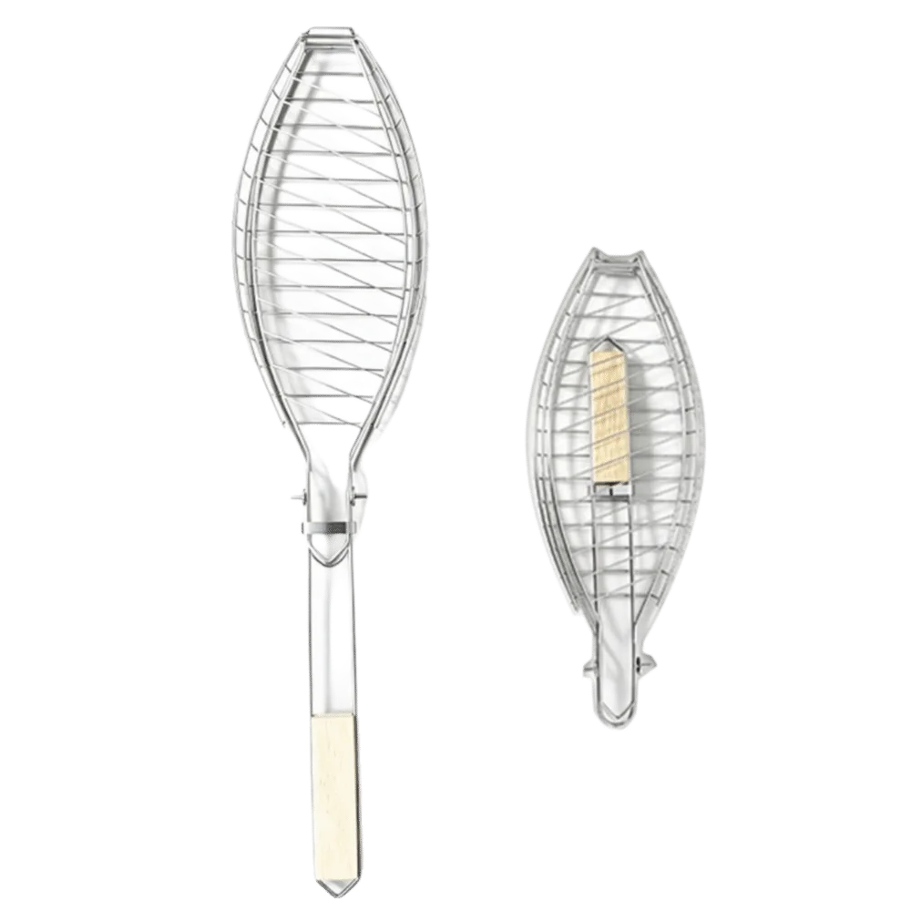 Foldable Fish BBQ Grill Basket Electroplated Thickened Fish Grilling Rack Extended Detachable Handle Fish Roasting Net Camping