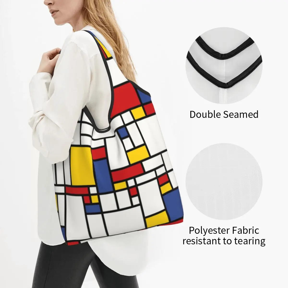 Piet Mondrian Abstract Pop Art 1960s Red Blue Yellow Rectangles Shopping Tote Bag Geometric Modern Grocery Shopper Shoulder Bag