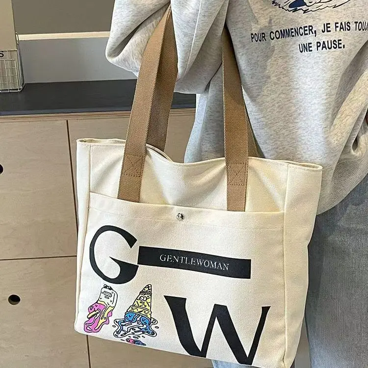大容量キャンバストートバッグ-厚手レターデザイン-レディース-大学生-おしゃれ-ハンドバッグ-ショルダーバッグ