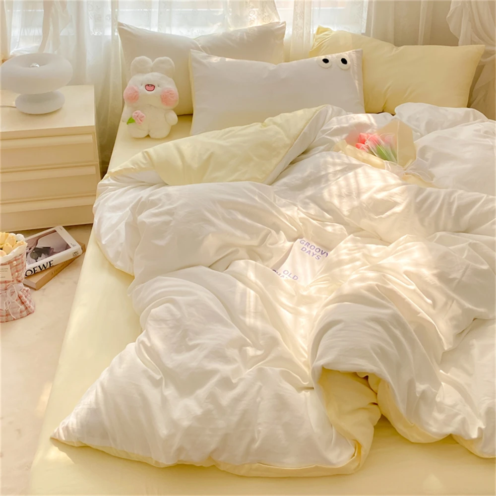 Cute Duvet Cover Set with Sheet Pillowcase Four-Piece Sets Solid Color Bed Linen Queen Big Eyes Home Bedding Set Bedroom Decor