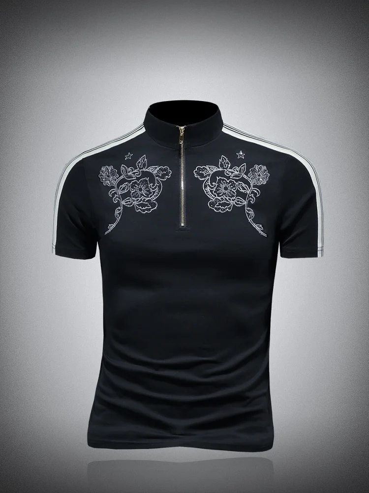 

Ele Zipper Collar irt Summer ort Sve Men's Faion Brand Embroidered Silk Cotton Slim Fit f Sve T-irt