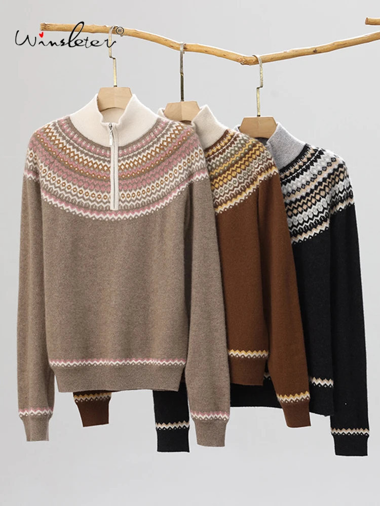 

Winsleter-100%Cashmere Elegant Sweater, Mock Neck Jacquard Zipper, Women Loose Knit Fair Isle Sweater, 2025 Winter New T5N578CC