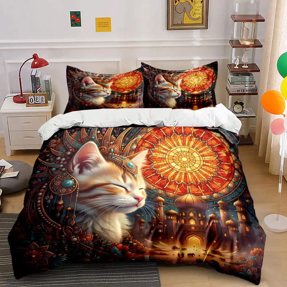 Dreamy Cat and Oriental Palace Printed Duvet Cover Set1 Duvet Cover+2 PillowcaseMulti Size Bedroom Bedding Decoration