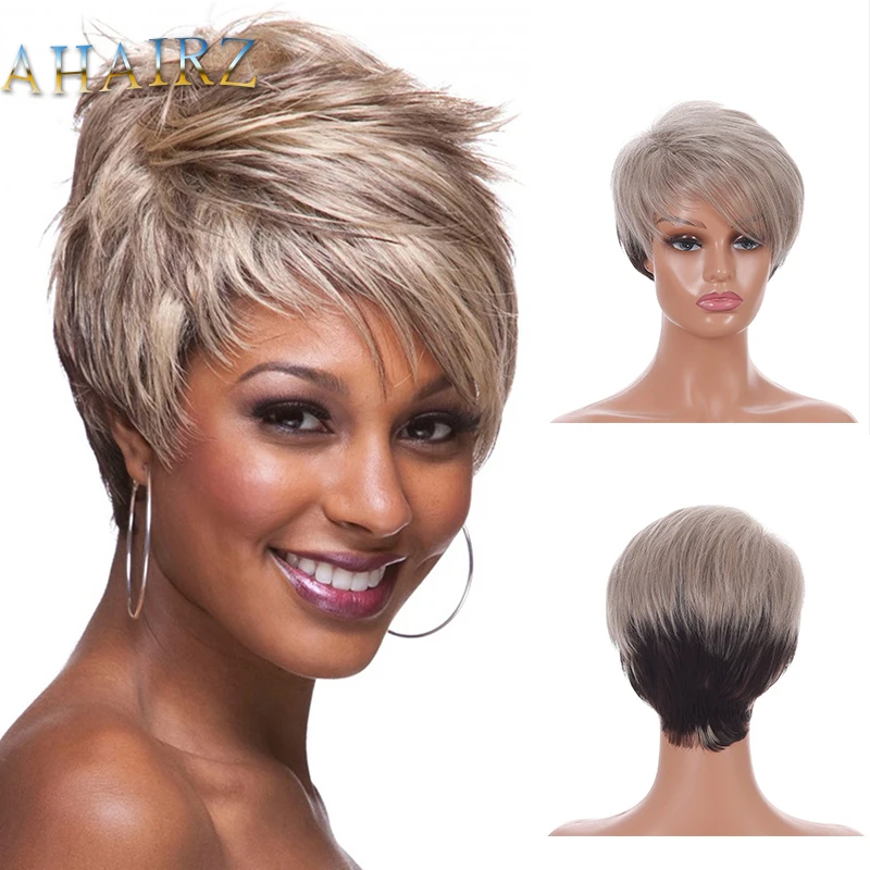 Short Straight Ombre Blonde Wig with Bang for Women Synthetic Natural Hair Wig Dark Roots Heat Resistant Wigs