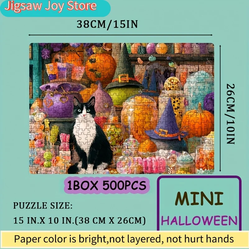 1 Caixa (500 peças) Quebra-Cabeças para Gatos Adultos e Casa de Doces de Halloween, Ideal para Jogos e Atividades de Festa - Mosaico Colorido e Divertido