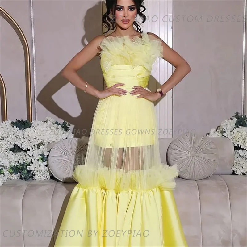 Vestidos longos de noite femininos, cetim ruched, tule, vestidos formais de baile, sem mangas, árabe, amarelo e dourado