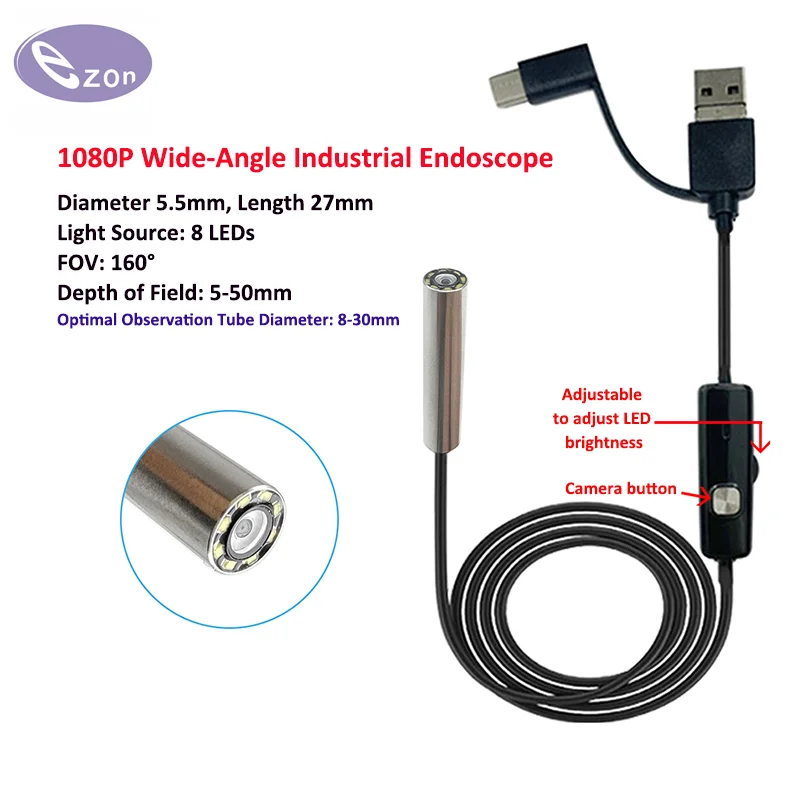 1080P HD Industrial Endoscope Camera 160° Wide-Angle OV2740 USB Driverless Industrial Endoscope for Precision Casting Inspection