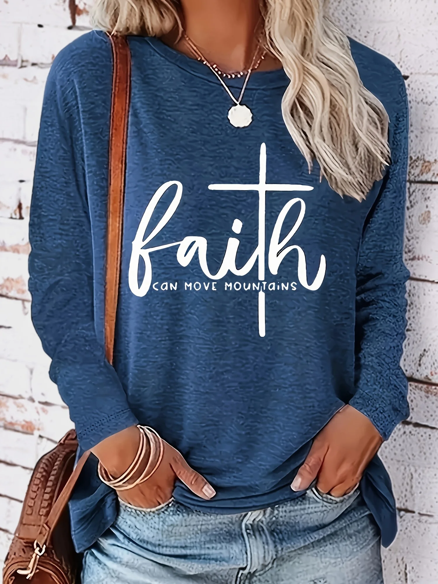 Primavera e outono feminino 100% algodão puro moda casual solto carta padrão impresso em torno do pescoço manga comprida camiseta topo