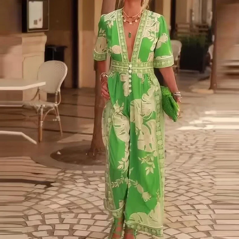 

Women Chic Short Sleeve Combinations High Street Wide Leg Long Jumpsuit Simple Elegant V-Neck Female Leaves Print Office Romper