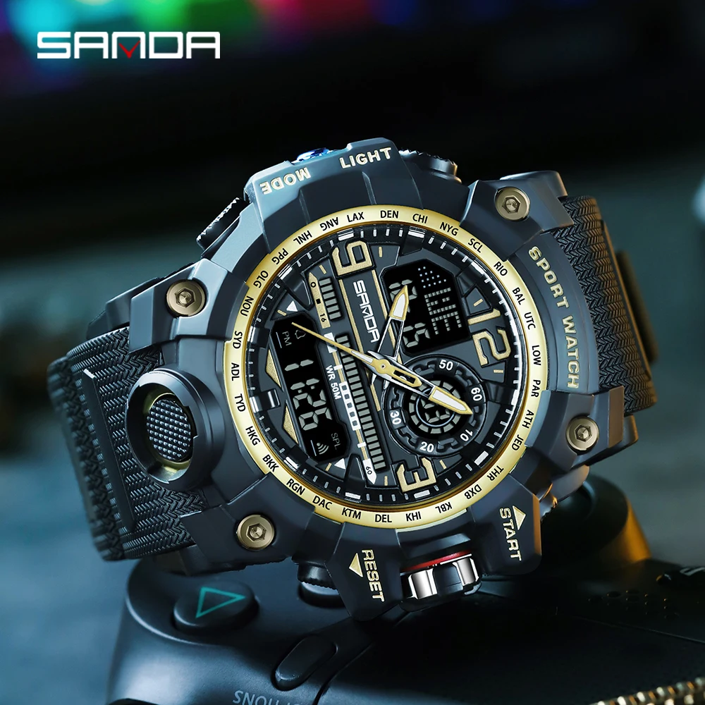 Fashion SANDA 3133 ساعة إلكترونية للطلاب الشبابية رياضية مقاومة للماء لعرض الأسبوع ساعة تناظرية رقمية وساعة منبه