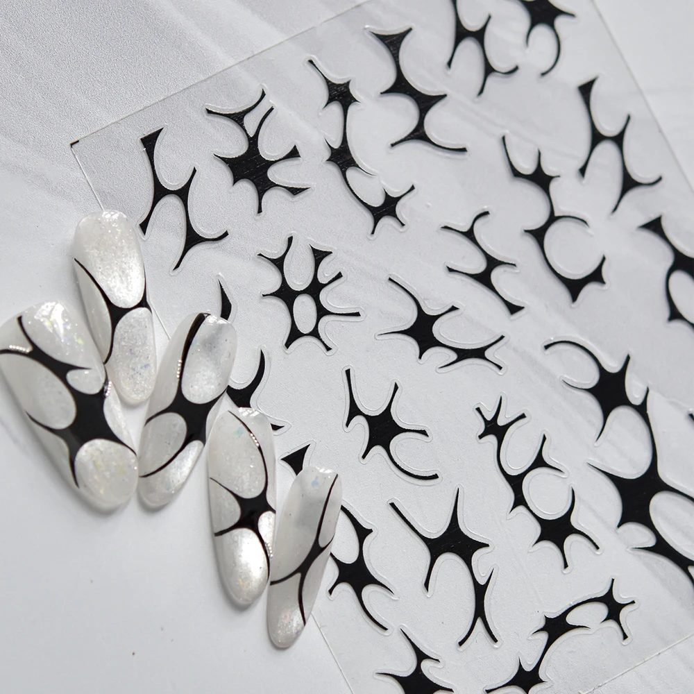 Luxuriöser schwarzer 5D-Nagelkunst-Aufkleber mit französischer Kurve, asymmetrische künstlerische Linien, gebrochene Musterfragmente, selbstklebender Maniküre-Aufkleber