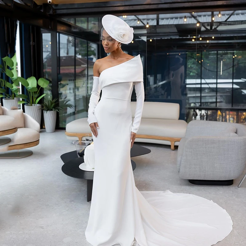 

Eightree Boho White Mermaid Wedding Dresses One Shoulder Sweep Train Evening Wedding Gowns Formal Bridal Prom Dress Customized