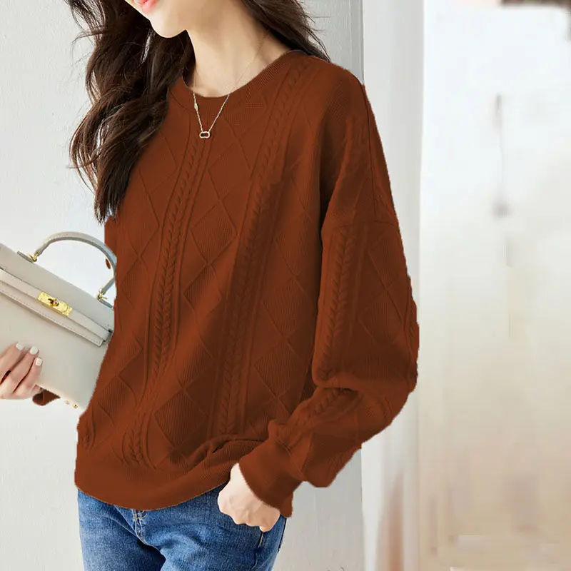 New Women Elegance Round Neck Solid Color Printing Top Comfortable Loose Casual Multicolor All-match Pullover Knitted Top