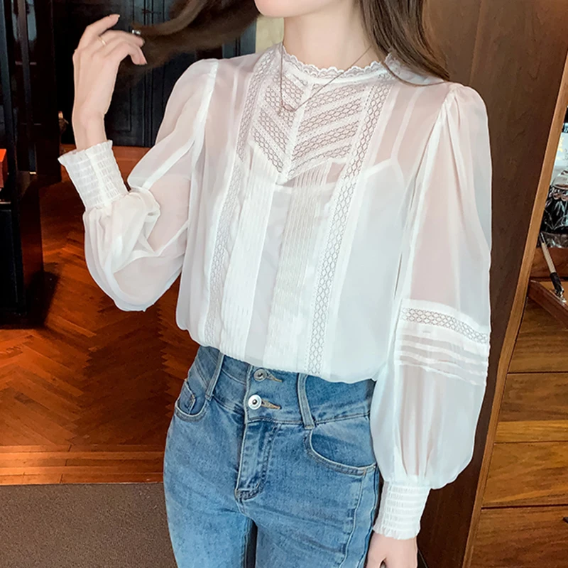 Malha transparente oco para fora camisas ol feminino lanterna manga blusa branca feminina 2025 nova primavera outono elegante camisas de renda feminina