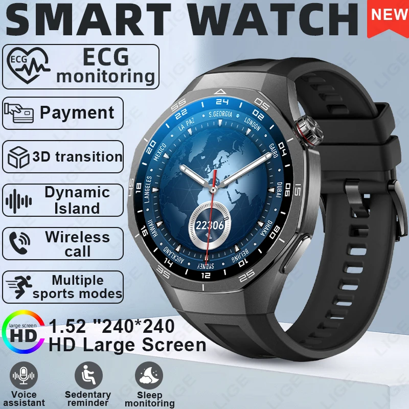 

Смарт-часы LIGE ECG с измерением пульса и уровня кислорода в крови, Bluetooth-вызовами, для мужчин, спортивные, фитнес-трекер, подарок на праздник, с функцией Dynamic Island