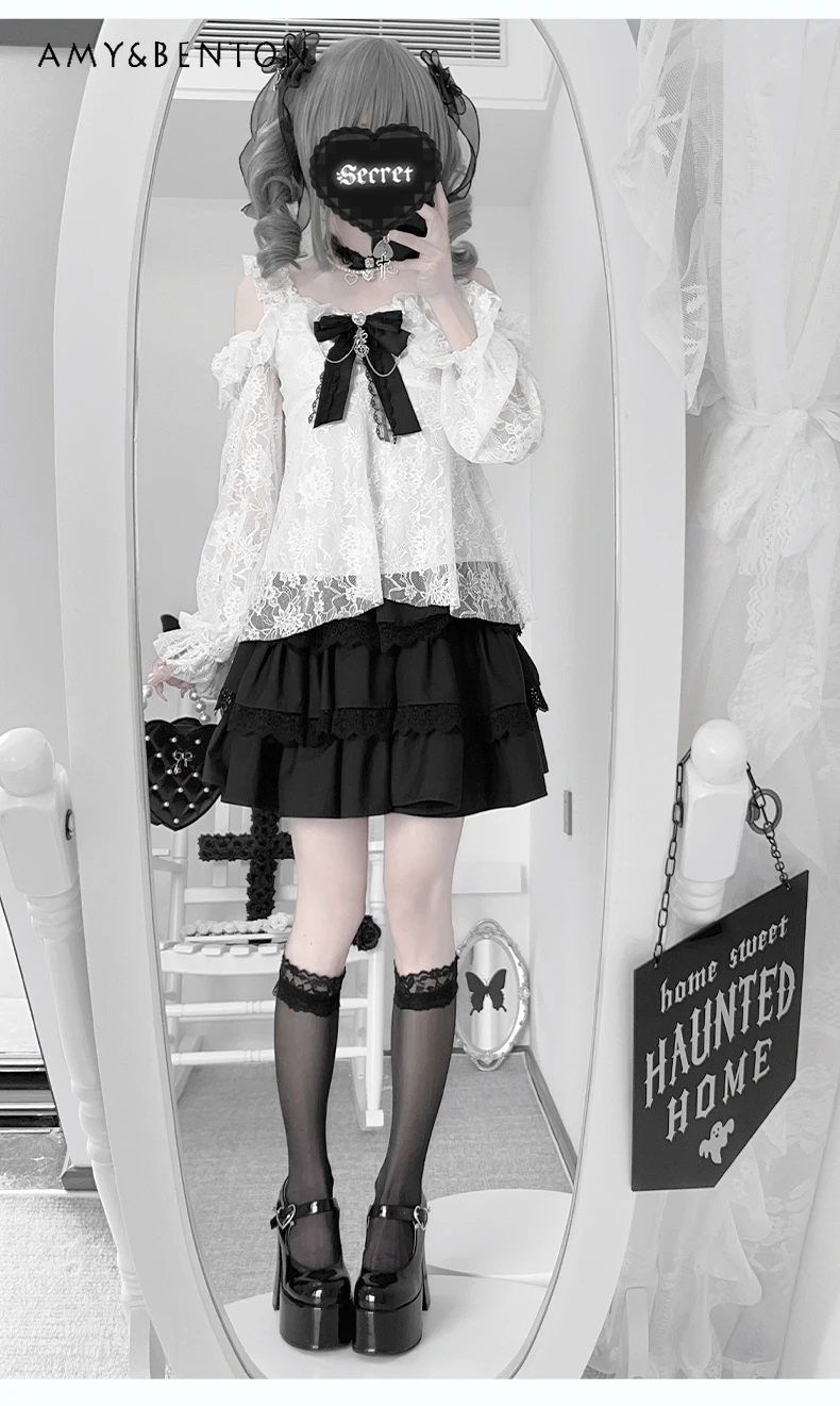 Sweetheart Girl Daily Lolita ชุดกระโปรงฤดูร้อนญี่ปุ่น Mine Off-ไหล่ลูกไม้แขนยาวโบว์เสื้อกระโปรงมินิชุด 2 ชิ้น