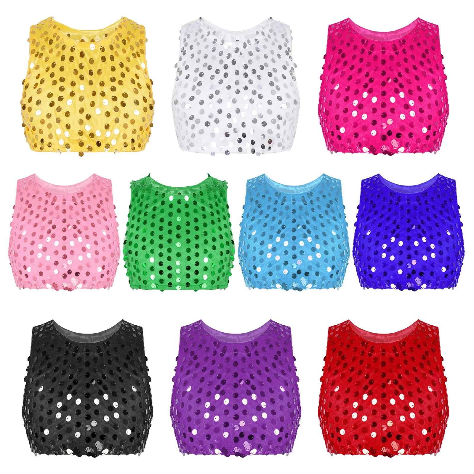 Bambini ragazze paillettes lucide Jazz Ballet Dance Top moda tinta unita senza maniche canotta Crop Top Dancewear Stage Performance Clothes