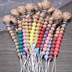 Handmade Beech Wood Baby Pacifier Chain Round Silicone Beads Infant Appease Soother Clips Anti-Drop Dummy Holder Nipple Clip