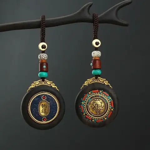 Ethnic Style Ebony Wood Car Keychain Retro Good Lucky Charms Mobile Phone Pendant Handmade Nepal Bag Hanging Accessories