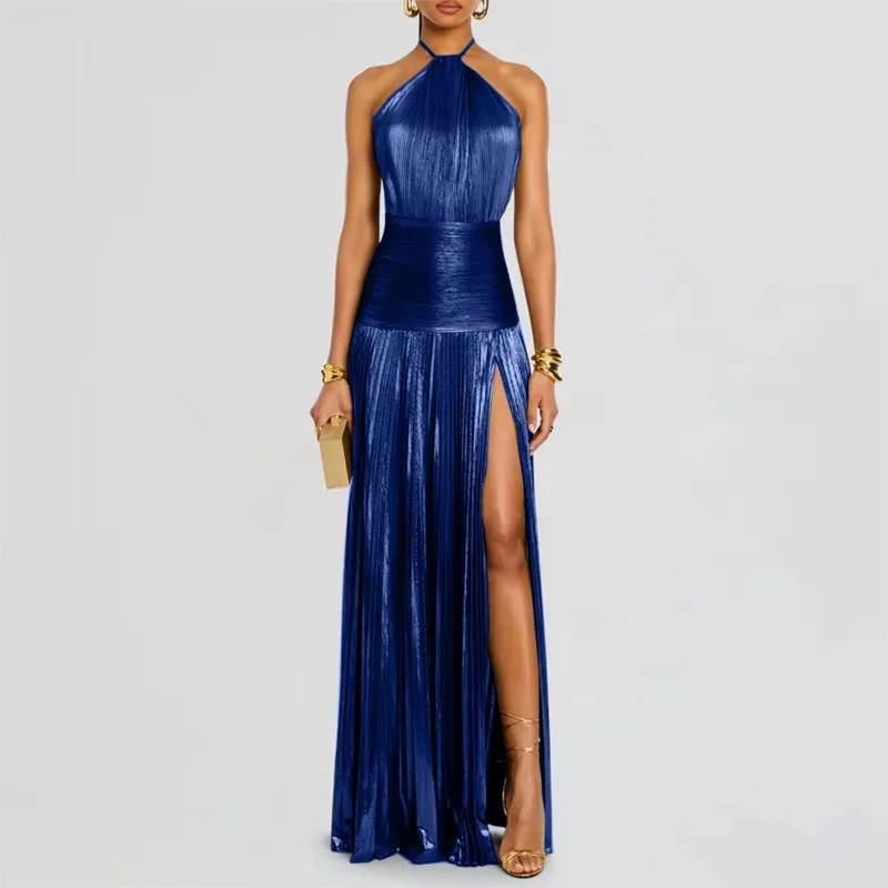 Gold Sexy Halter High Split Gowns Evening Dress Woman Chic Solid Hollow Pleated Long Dress Spring Summer Backless Zip Maxi Dress image 4