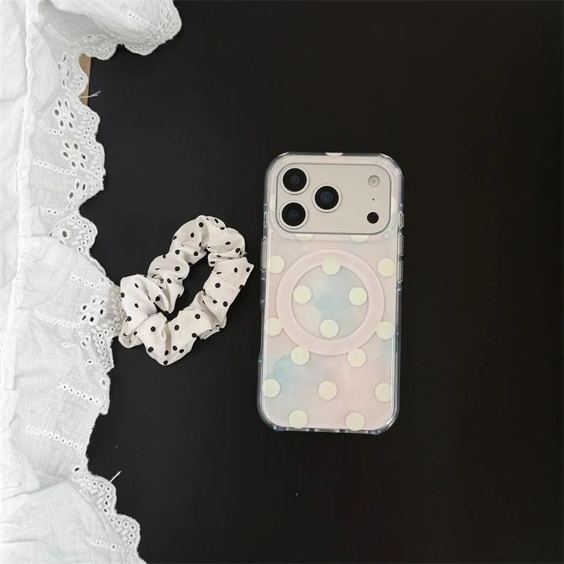 

Korean Ins Polka Dot Magnetic Phone Case For iPhone 17 16 15 Pro Max Shockproof Protective Cover For Magsafe Girls