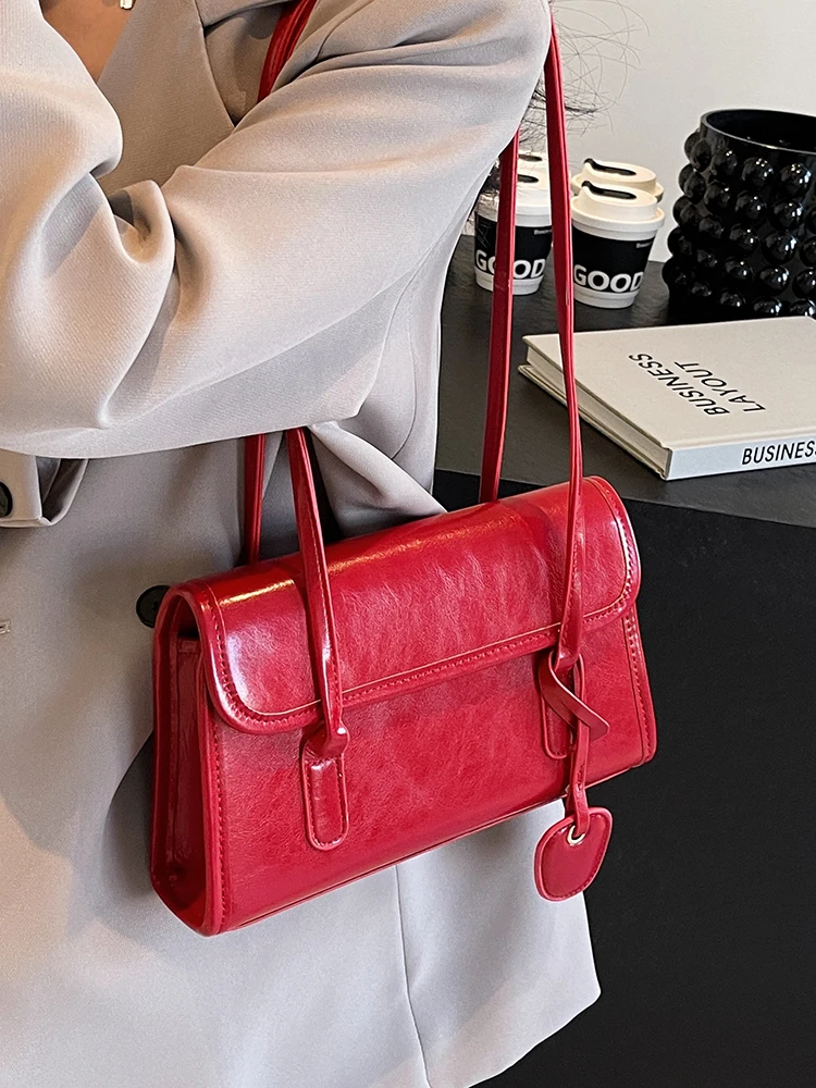 Fashion Red Shoulder Bags For Women Trendy Textured Solid Color Handbag Autumn Winter Versatile Female Underarm Pack