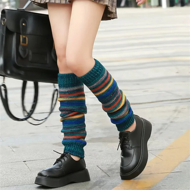 

Fall Winter Stockings Streetwear Women's Knit Leg Warmers Striped Knee High Boots Cover Cuffs 2pc