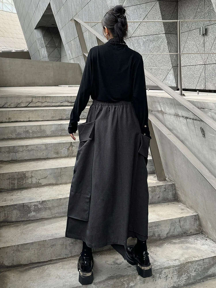 [EAM] High Elastic Waist Gray Big Pocket Thick Long Straight Half-body Skirt Women Fashion Tide New Spring Autumn 2024 1DH7833