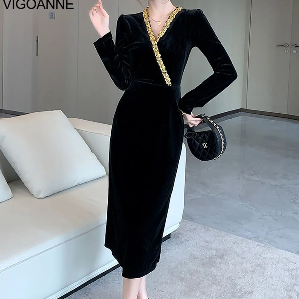 VigoAnne 2024 Spring Autumn Woman Solid Slim Velvet Dress Long Sleeve Korean Dresses Lady V Neck Evening Party Tight Long Dress