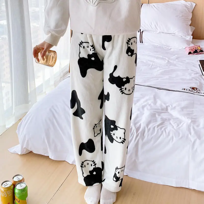 Pajama Pants for Women In Autumn Winter Cartoon Hello Kitty Flannel New Thickened Warm Casual Home Comfortable Straight Pants
