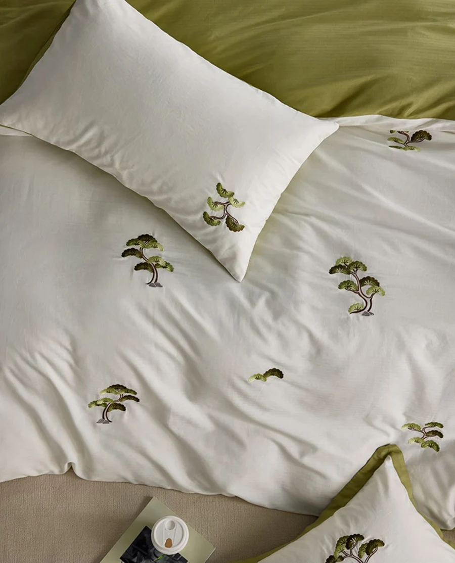 Fashion chinoiserie embroidery pine green bedding set,twin full queen king cotton home textile bed sheet pillow case quilt cover