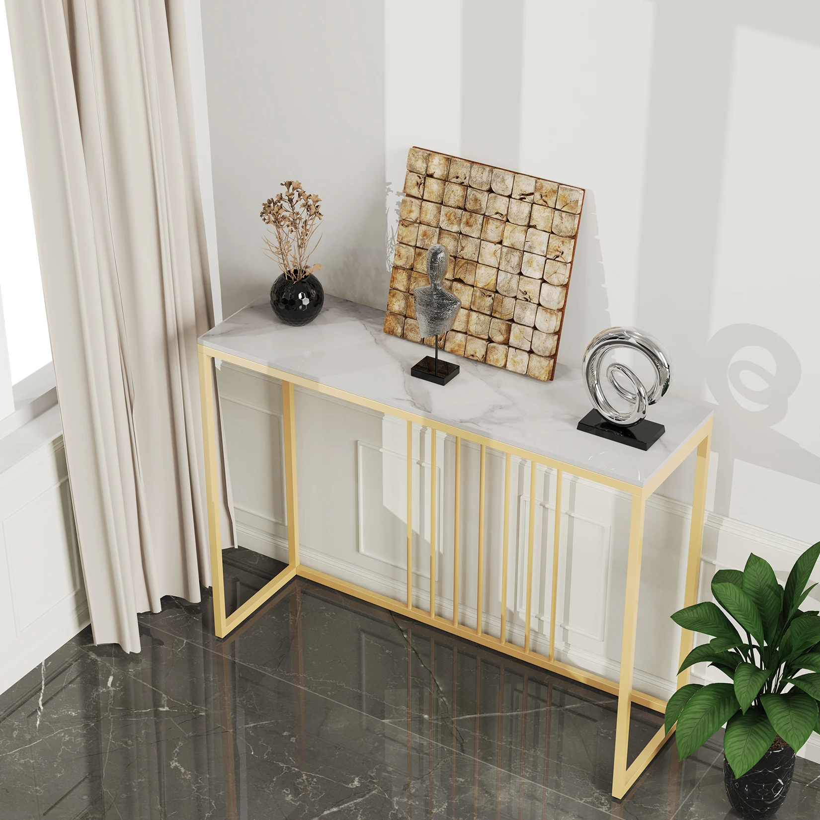 Moderno accent console mesa de mármore ouro metal quadro prateleira armazenamento exibição mesa estreita para corredor entrada sala estar entrada