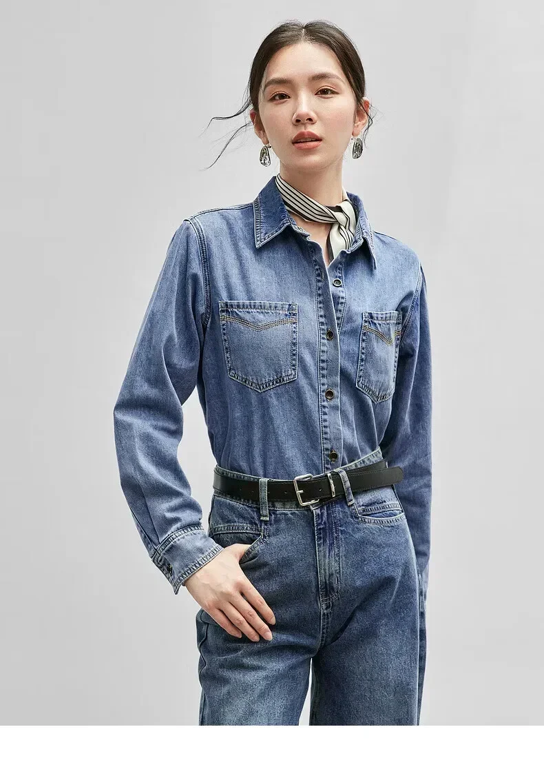 SENTUBILA Retro Cotton Denim Shirt for Women 2025 Spring Washed Turn Down Collar Single Breasted Comfort Casual Blouse W43C56147