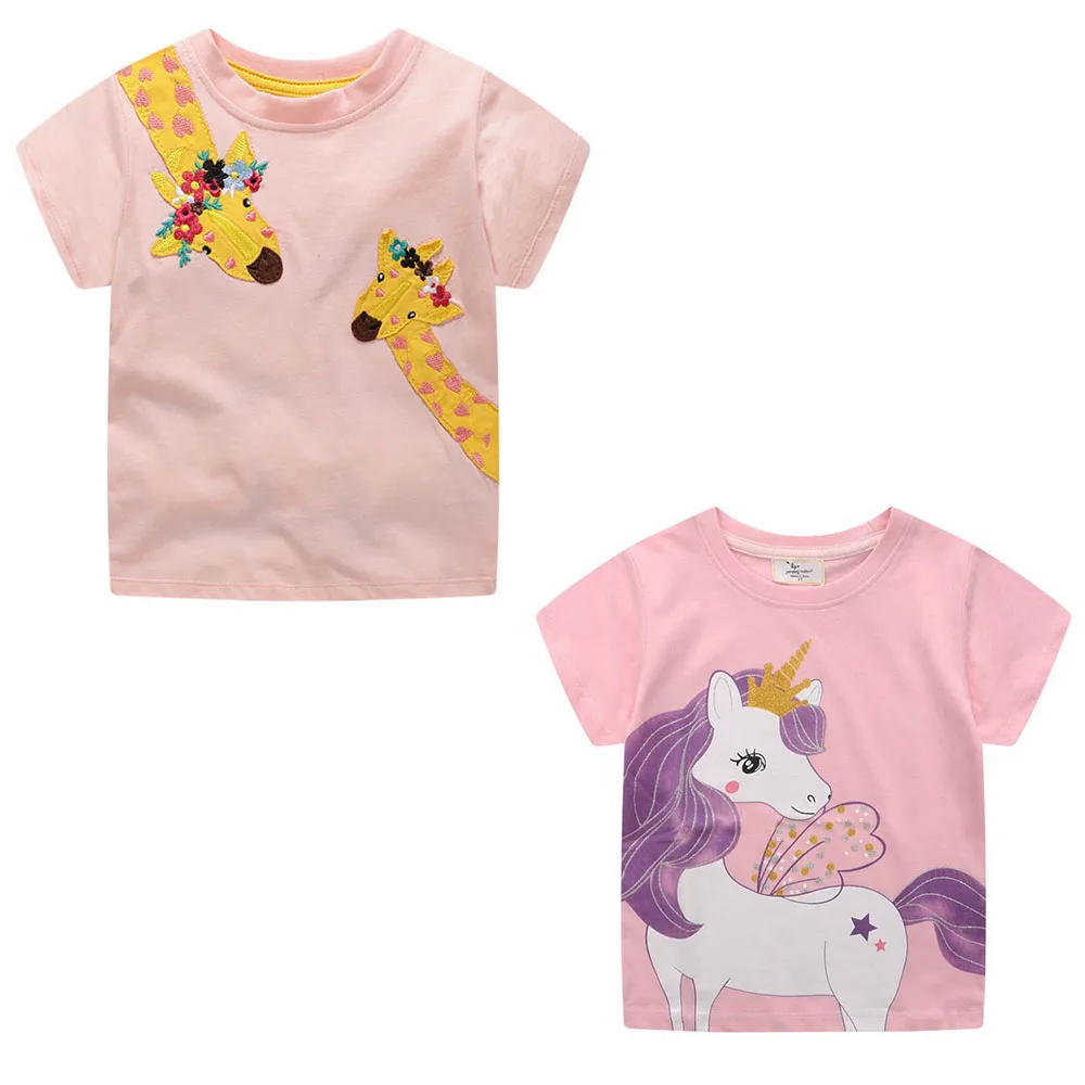 Jumping Meters Giraffe Embroidery Baby Girls Tees 2-7T Cotton Summer Toddler Clothes Kids Tops Children's Tshirts