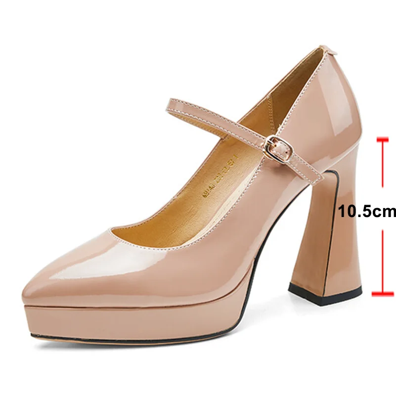 ANNYMOLI Women Pumps Fashion Platform High Hoof Heels Pointed Toe Mary Janes Party Spring Autumn Shoes Black Nude 34-39