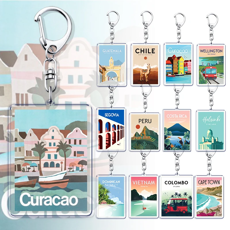 Creative Curacao Travel Enthusiast Gift Keychain Copen Hagen Keyrings for Accessories Bag Key Chain Ring Jewelry Hotel Souvenirs