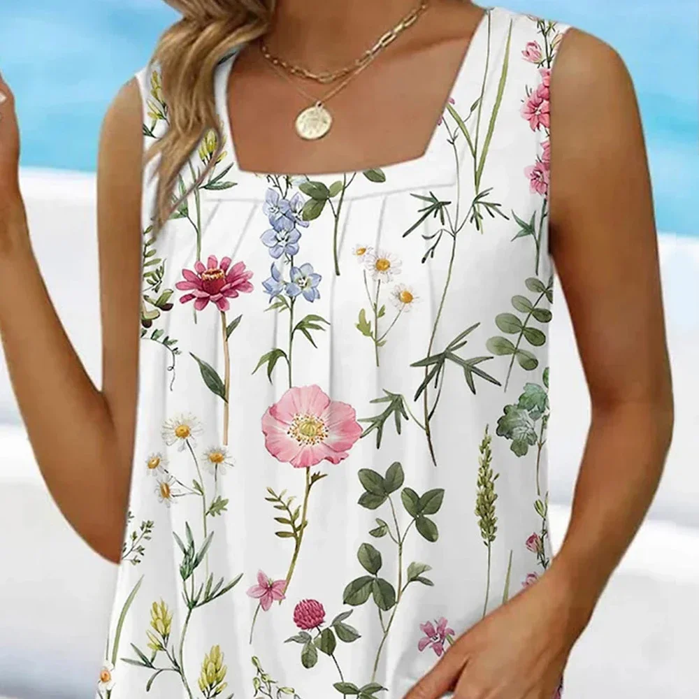 Camiseta sin mangas con cuello cuadrado y estampado floral con pliegues blancos informales de talla grande