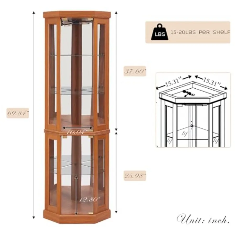 Corner curio cabinet for living room liquor storage: lighted glass display cage, 70 H, tempered glass doors, adjustable shelves