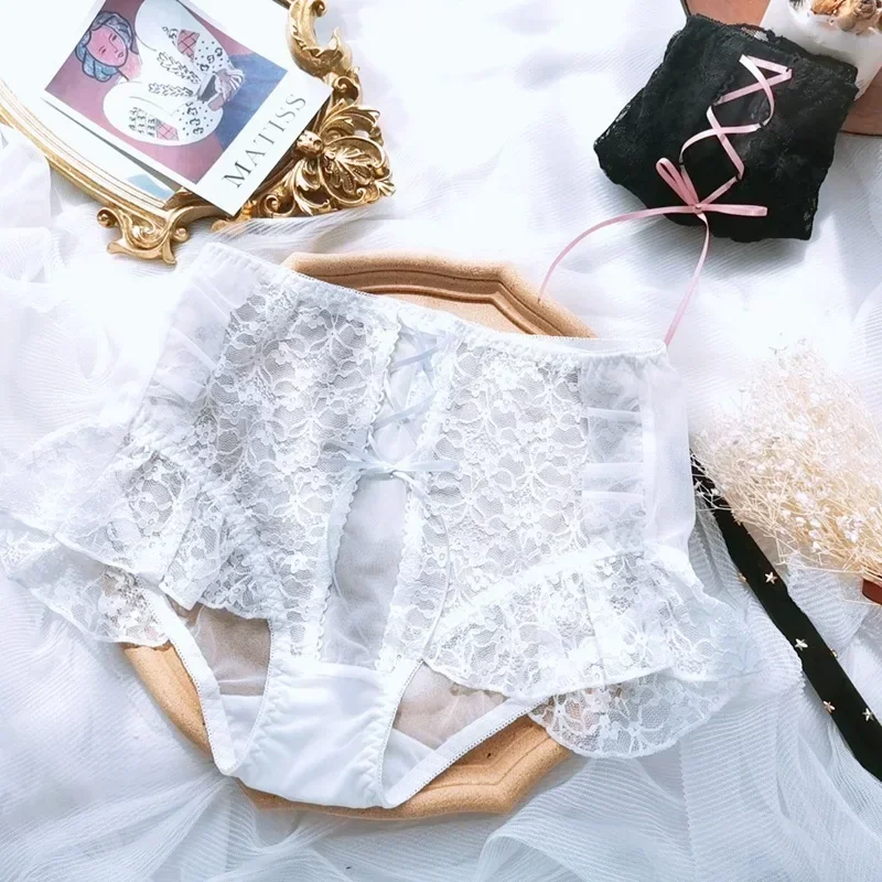 Kawaii Palace Ruffled Sexy Lace Panties for Ladies Sweet Cross Bowknot Underwear Lolita Thin High-Waist Girly Plus Size M-6XL