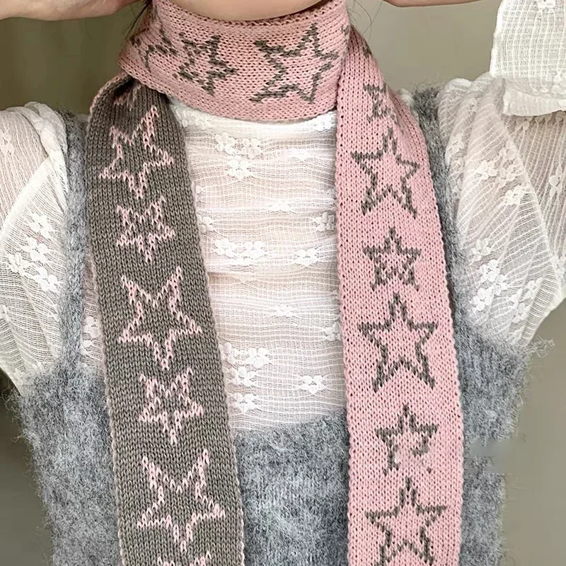 Star Cashmere Scarf Vintage Knitted Narrow Longer Scarf Wome Two Colors Muffler Neck Warmer Y2k Girl Accessories Four Seasons